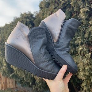Fly London Shoes | Fly London Yip Wedge Zip Up Ankle Boots Black Gold Womens EU Size 38 | Color: Black/Gold | Size: EU 38 | Blostma's Closet